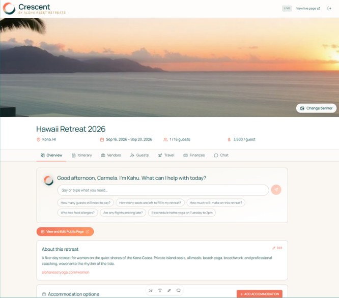Crescent host dashboard for a retreat