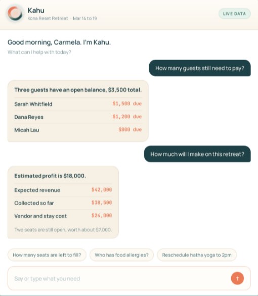Kahu answering which guests still owe and the estimated profit