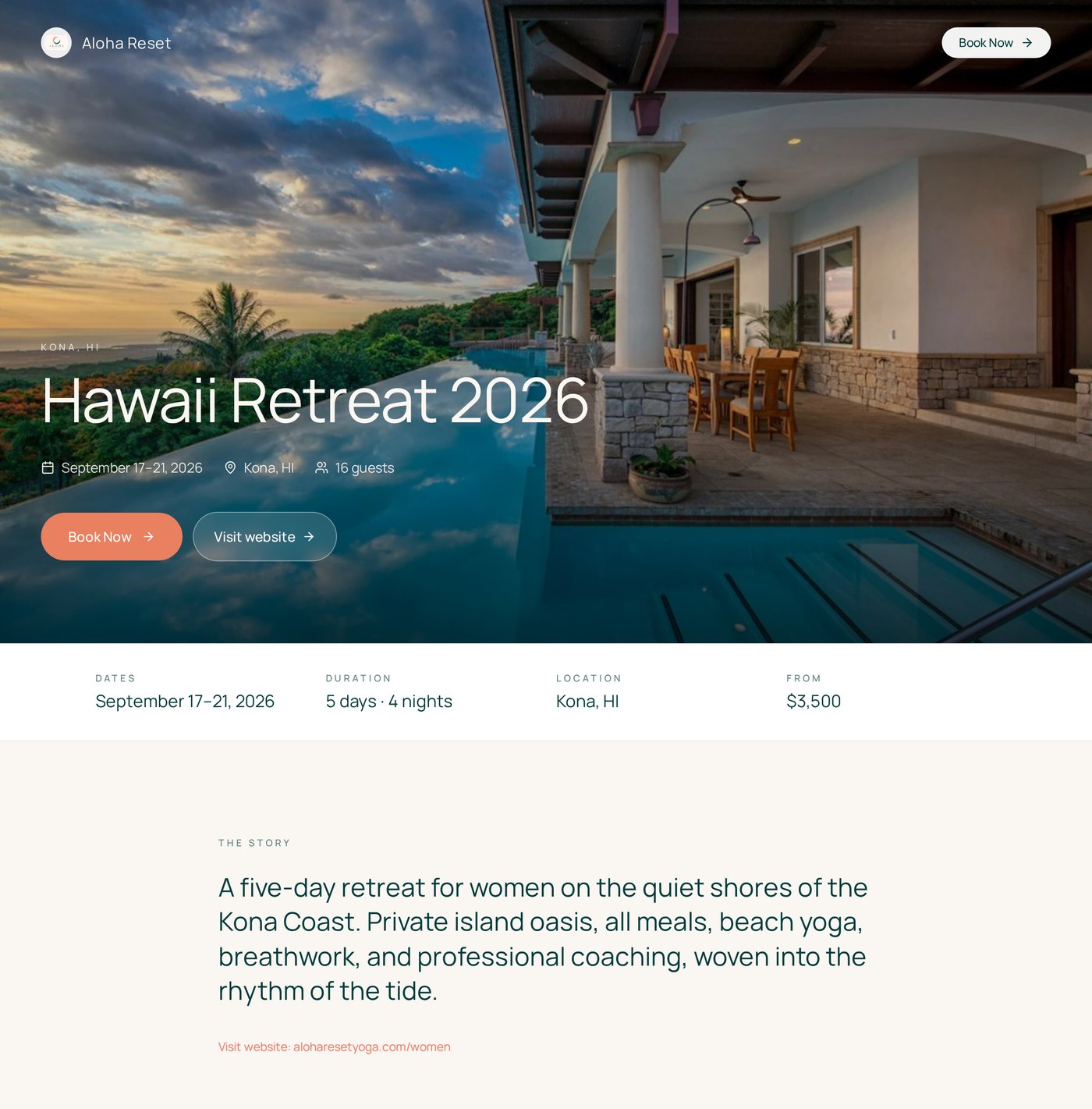 Crescent public retreat page with gallery, rooms and booking