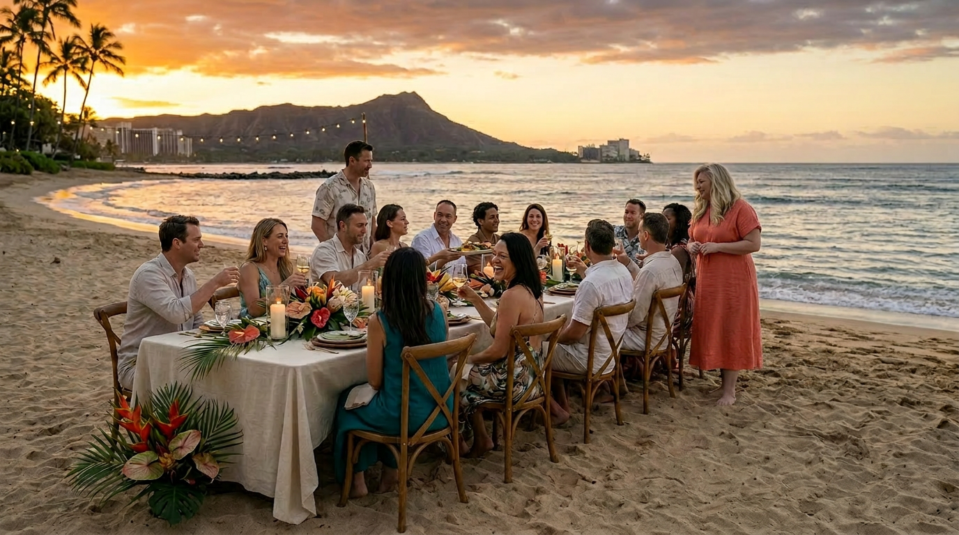 Carmela and Marie with a small group of tech founders on the beach in Hawaiʻi at golden hour