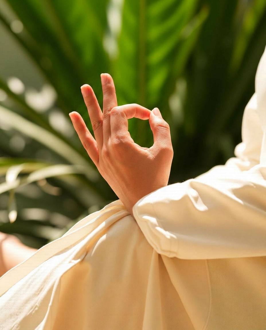 Hands resting in a quiet yoga mudra in soft tropical light