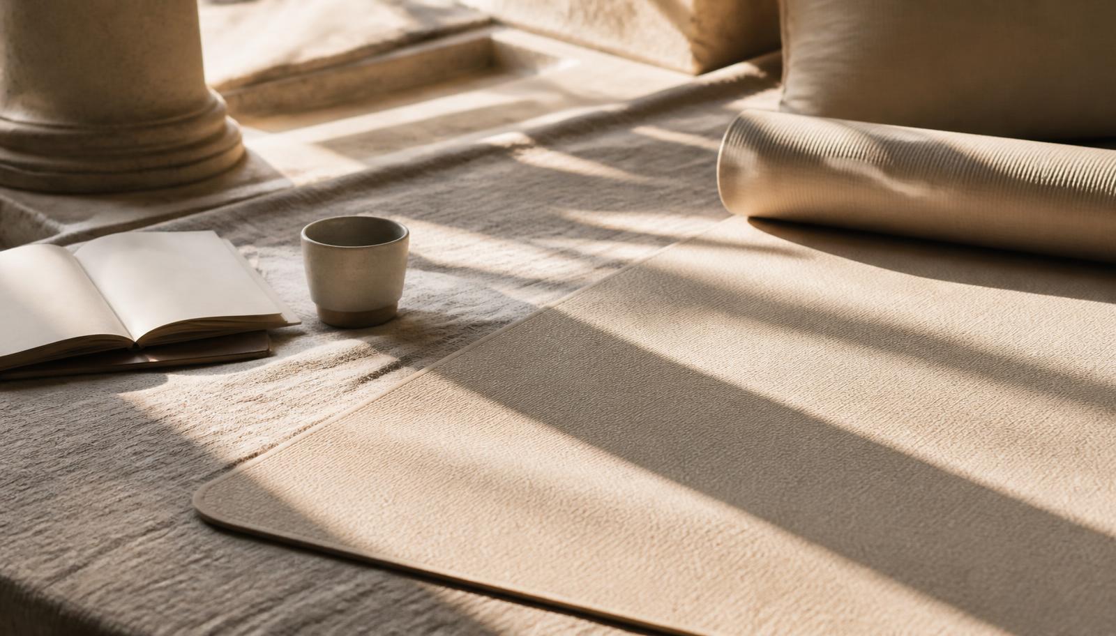 A yoga mat, open journal, and ceramic cup in warm morning light on ivory linen, a quiet space set up for recovery.