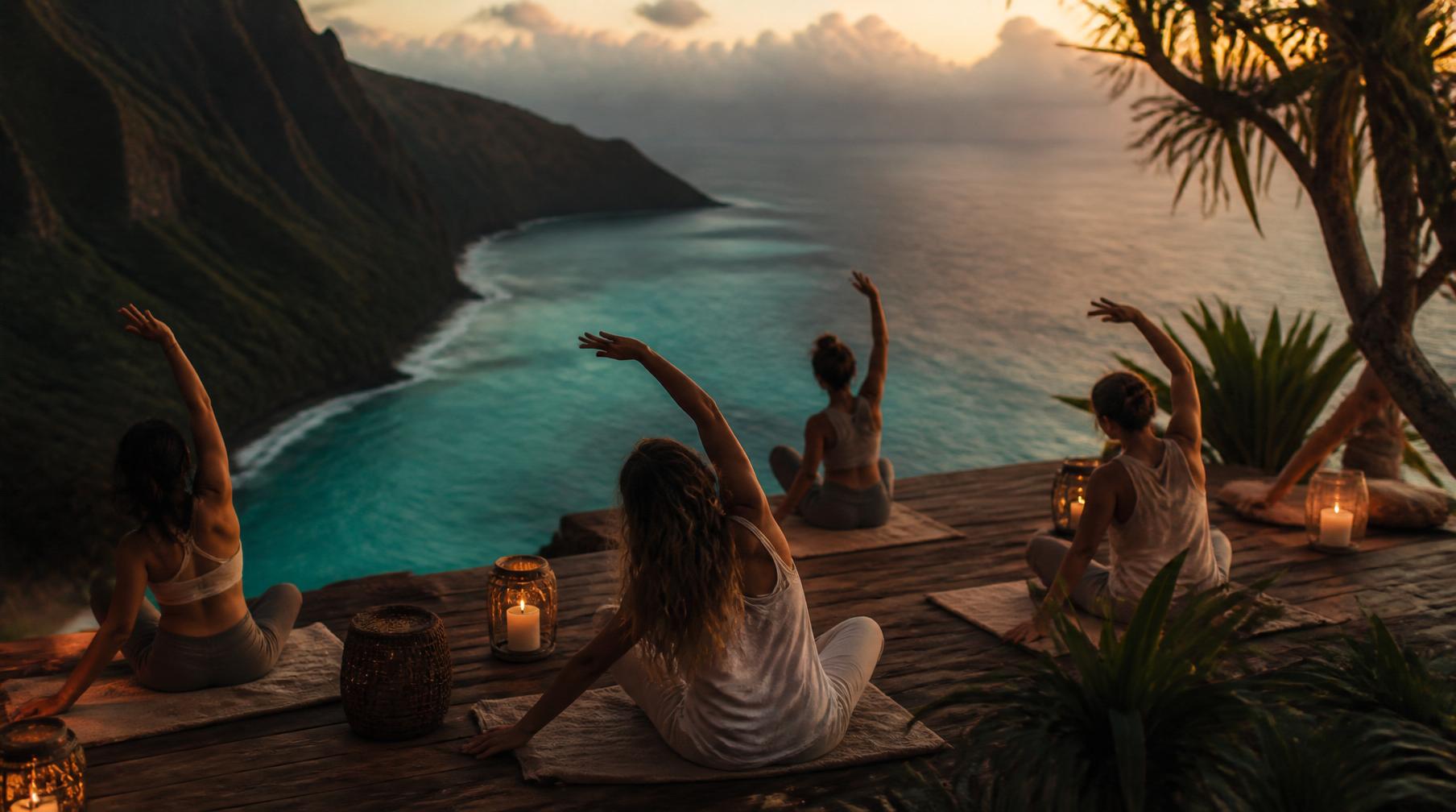 Sunset yoga practice on a Hawaiian cliff