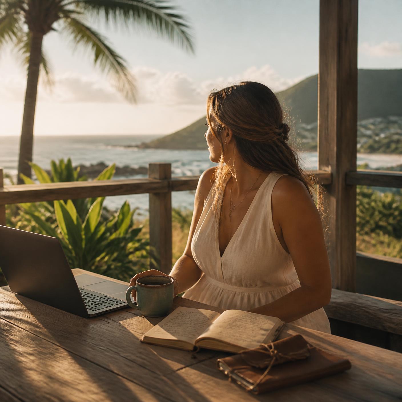 Retreat host writing on a Hawaiian deck