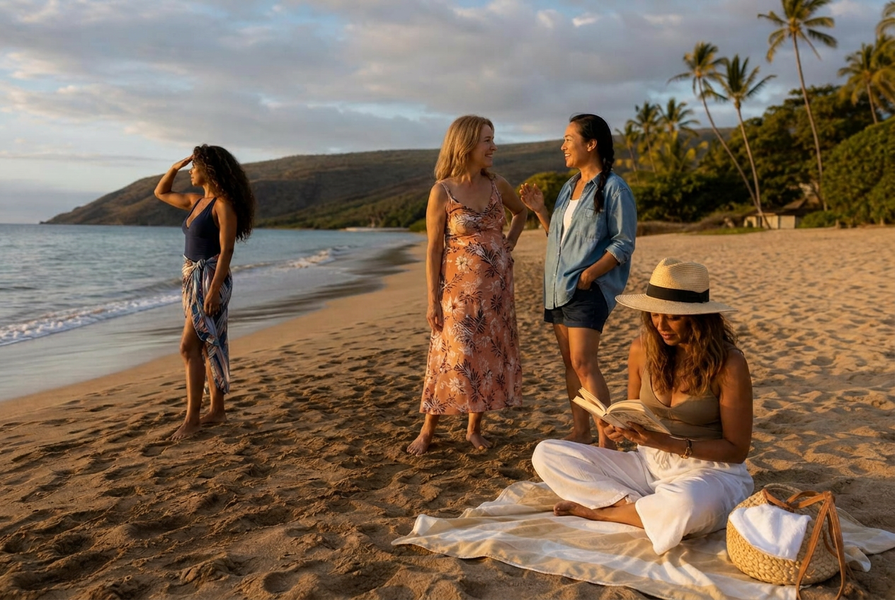 A small gathering of women on a Hawaiian beach at golden hour