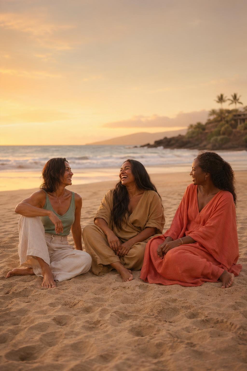 Three women laughing together on a Hawaiian beach at golden hour, in sage, camel, and coral linen